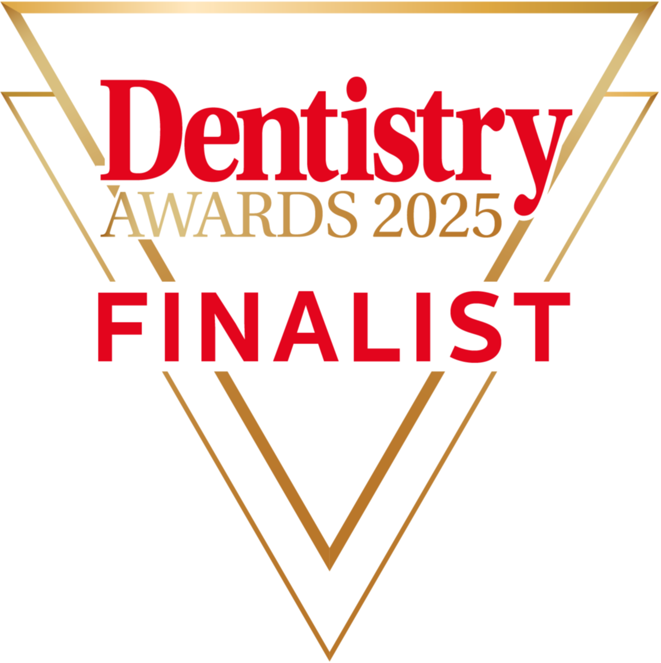 Dentistry Awards 2025 Finalist badge with gold triangular design and red text