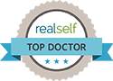 RealSelf Top Doctor badge with gold seal and blue banner
