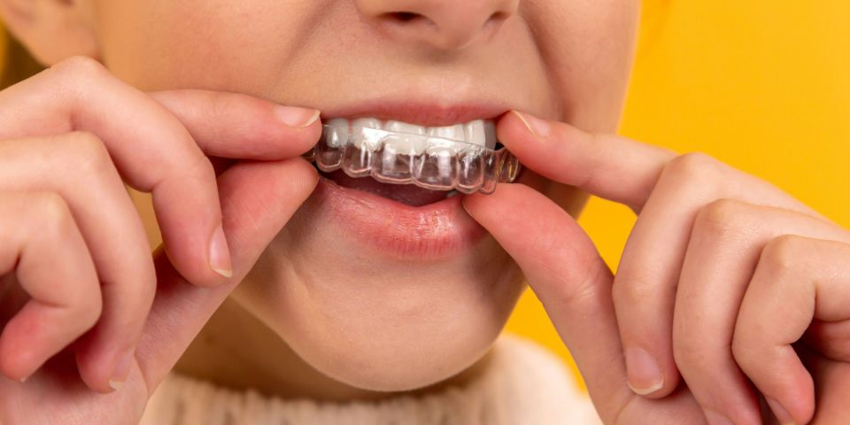 Person fitting a clear dental aligner over their upper teeth against a yellow background